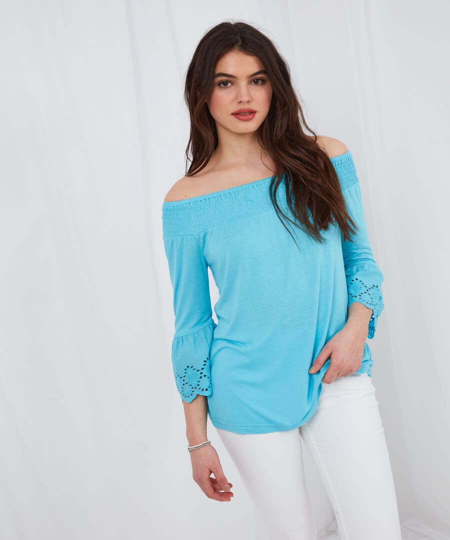 Sale Tops, Tunics & Blouses | Women's Joe Browns Bardot Broderie Top Aqua / Orange